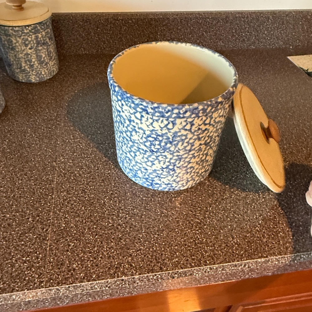 Blue and White Speckled Ceramic Canister